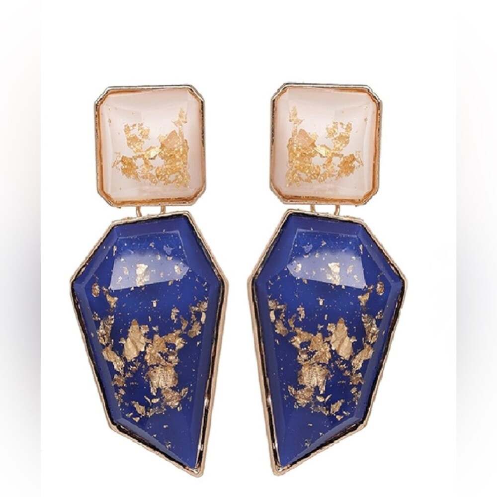 Navy Jewel Drop Earrings with Gold Flecks